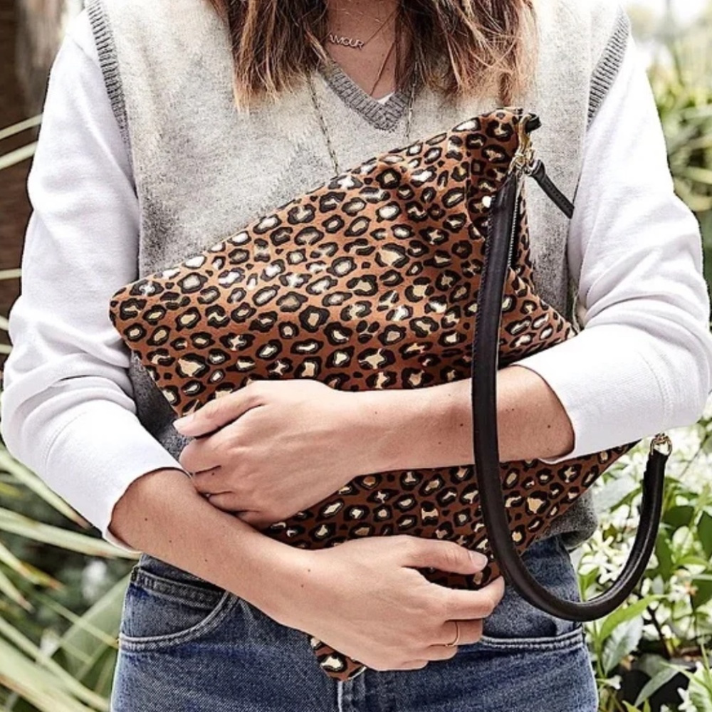 Clare V Suede Foldover Clutch w/ Tabs in Cognac Metallic Cat